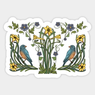 Art Nouveau Bluebirds, Sunflowers And Daffodils Sticker